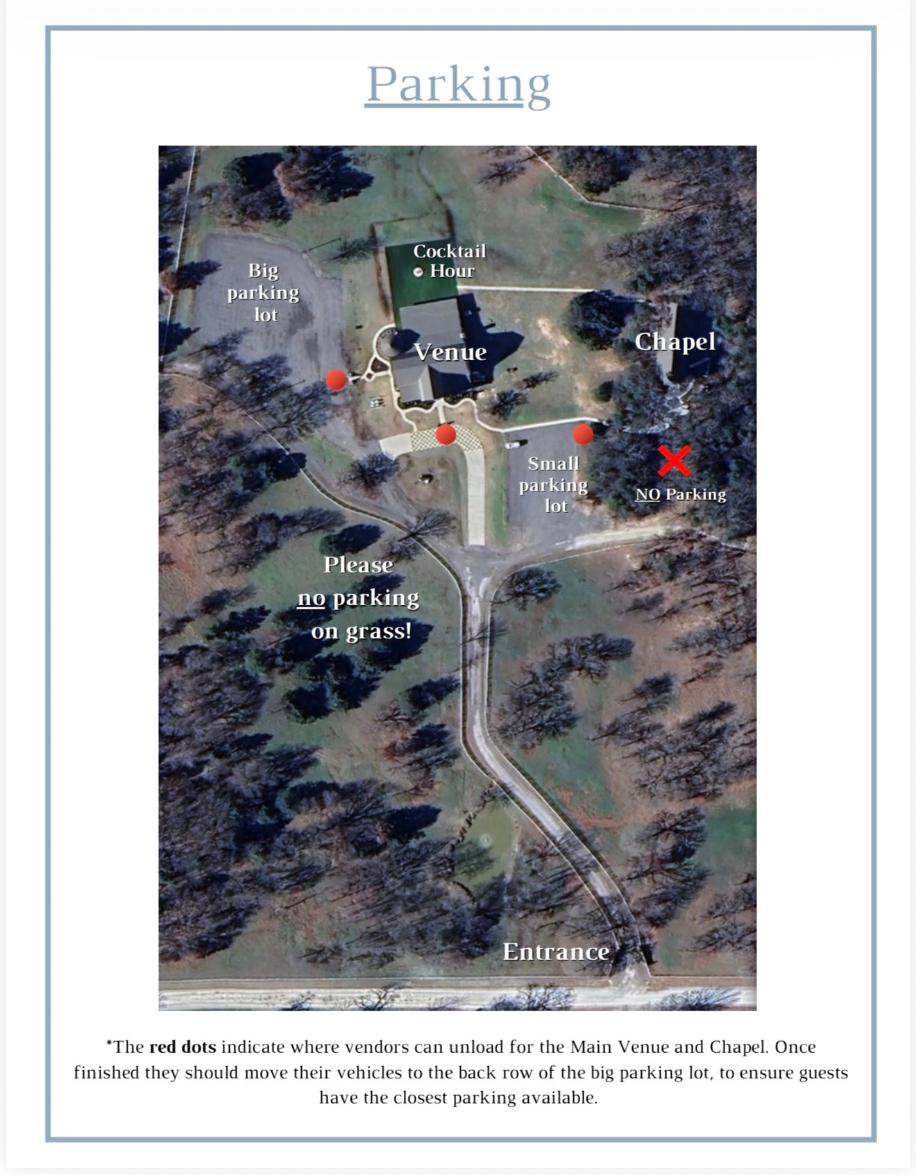 Venue parking map showing big and small parking lots, vendor unload zones, and no-parking areas